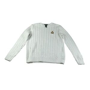 Vintage Lauren Ralph Lauren Cable Knit Crest Sweater White Cotton Medium Y2K